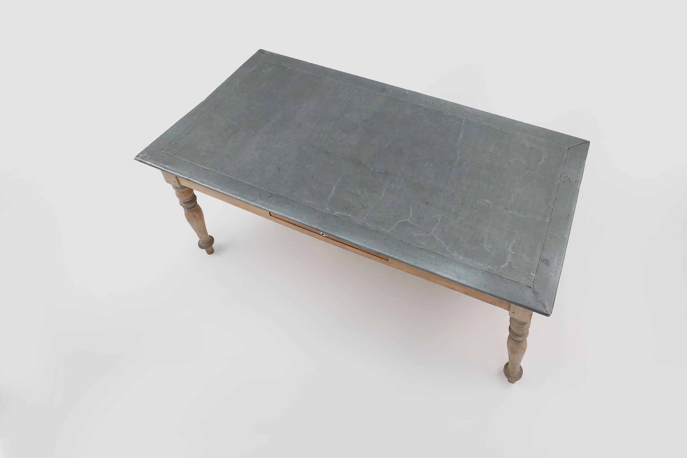 Rustic French pine wood dinner table with zinc top, ca. 1850thumbnail